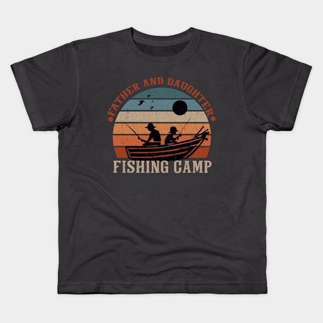 Daughter and Father Fishing design retro vintage sunset fishing club camp Kids T-Shirt by SpaceWiz95